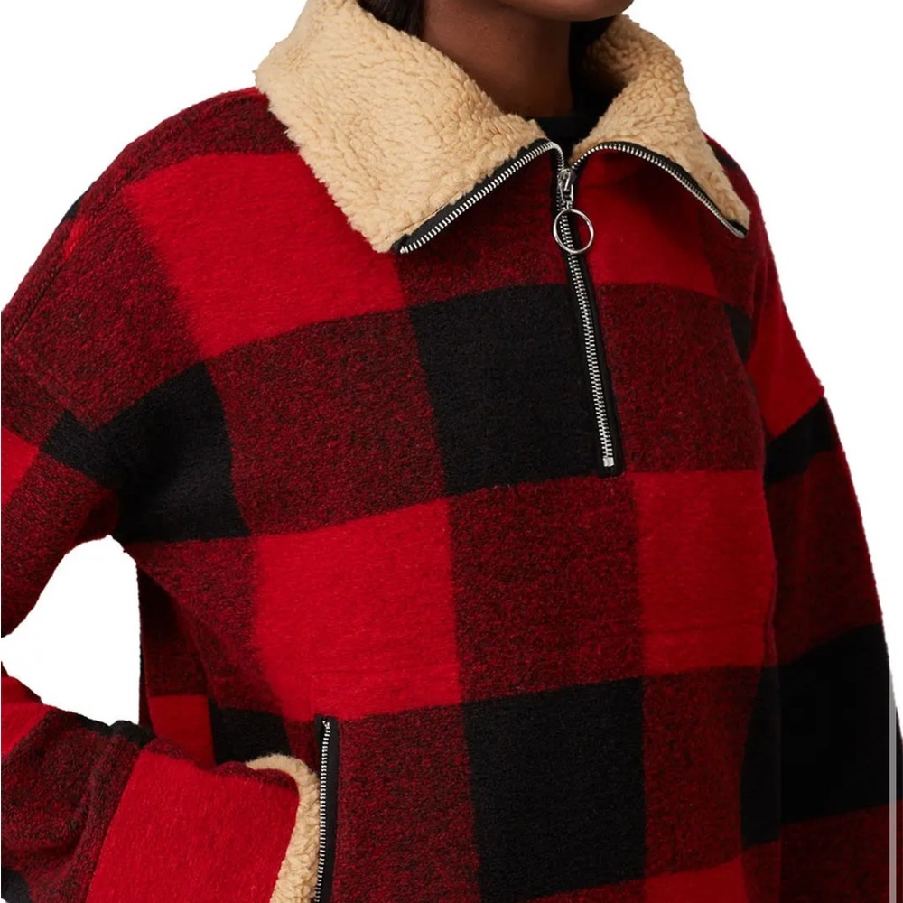 Altar'd State Red and Black Plaid Faux Sherpa Jacket with Cream Collar